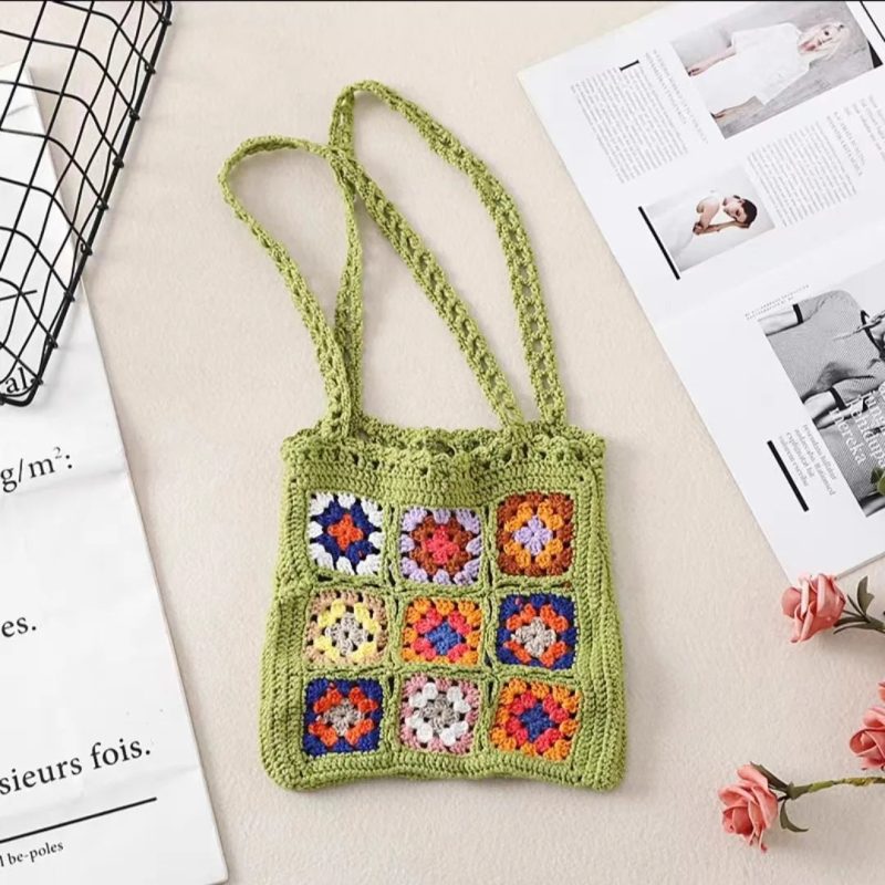 Borsa con quadri uncinetto - Verde