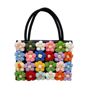 Borsa uncinetto con fiori - Nero