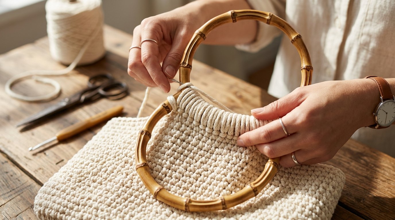 Borsa uncinetto con manici bambù tutorial: il trucco che uso per fissarli in modo sicuro